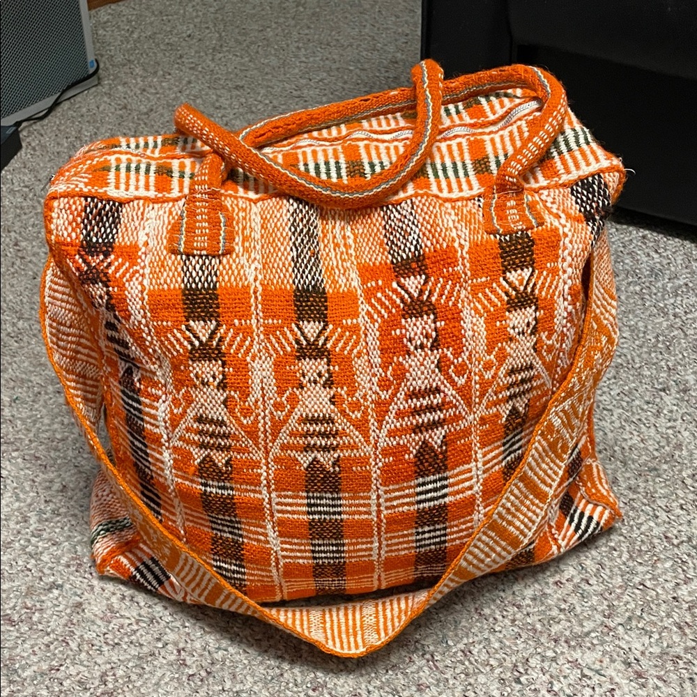 Vintage hand woven knit Orange Patterned Tote Bag - soooo cool